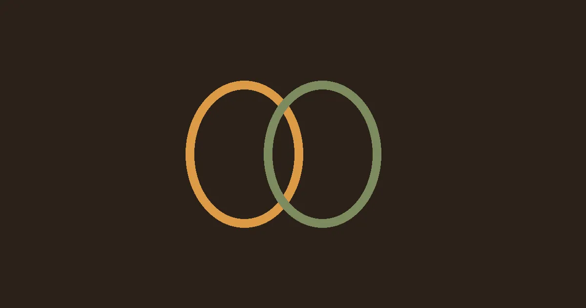 Two overlapping rings, honey and sage, on a dark background